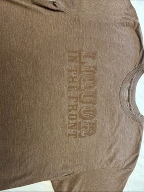 Classic Brown Funny Graphic T‑Shirt “Liquor in the Front” Unisex Size M
